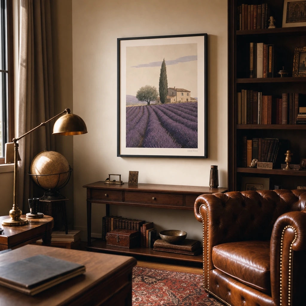 Provence Lavender Fields Poster — Mid-century Provence lavender fields with stone farmhouse, wide room display, Atelier Poster