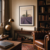 Provence Lavender Fields Poster — Mid-century Provence lavender fields with stone farmhouse, wide room display, Atelier Poster