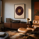 70s Vinyl Record Poster — Vintage 1970s vinyl record album burgundy and warm gold, wide room display, Atelier Poster