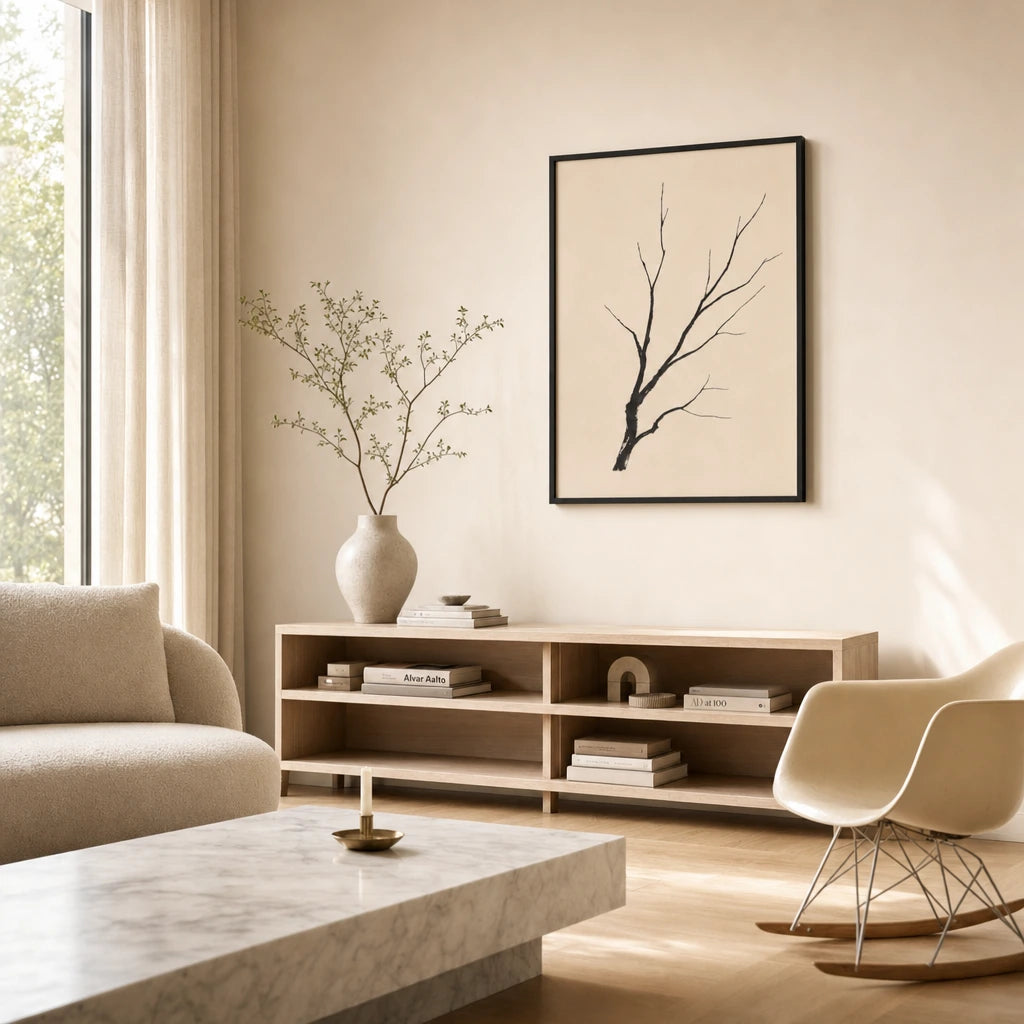 Single Tree Branch Poster — Single-line bare tree branch in calligraphic black ink, wide room display, Atelier Poster