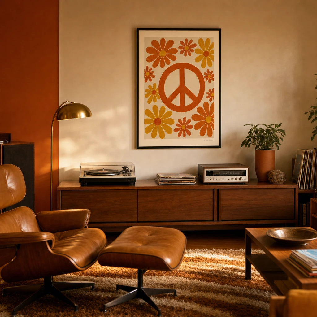 Peace Sign Daisies 60s Poster — Peace sign with daisies 1960s flower power orange and yellow, wide room display, Atelier Poster