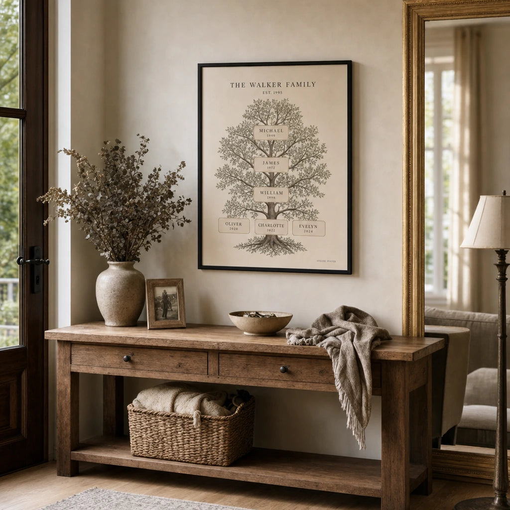 Family Tree Names Custom Poster — Personalized family tree three generations elegant serif, wide room display, Atelier Poster