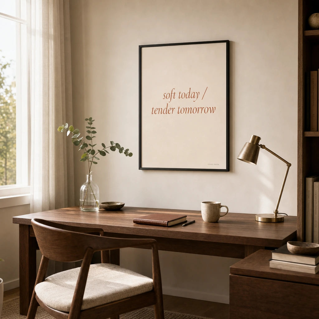 Soft Today Tender Tomorrow Poster — Two-line 'soft today tender tomorrow' wellness terracotta, wide room display, Atelier Poster