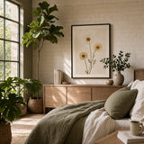 Pressed Daisy Trio Poster — Three pressed yellow daisies on cream linen background, wide room display, Atelier Poster