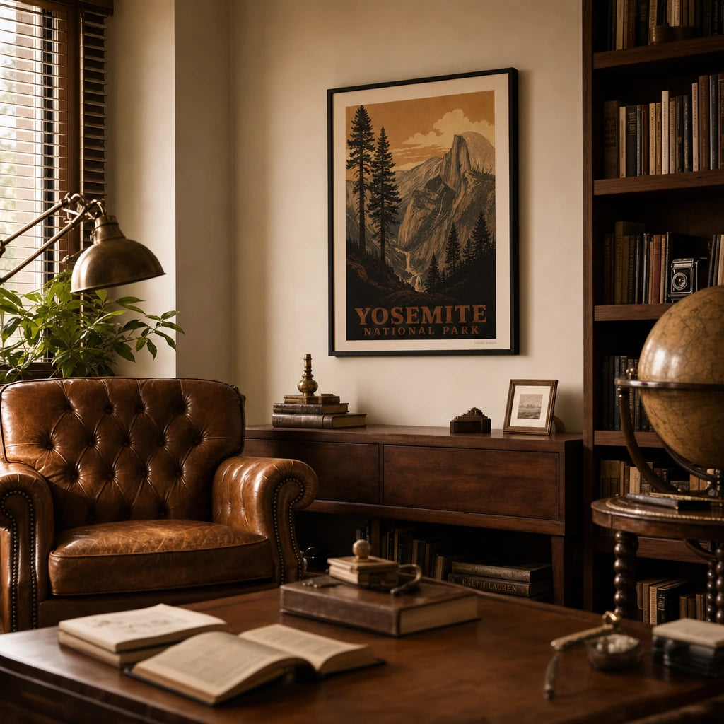 Yosemite Valley WPA Poster — WPA-style Yosemite Half Dome illustration in warm ochre, wide room display, Atelier Poster