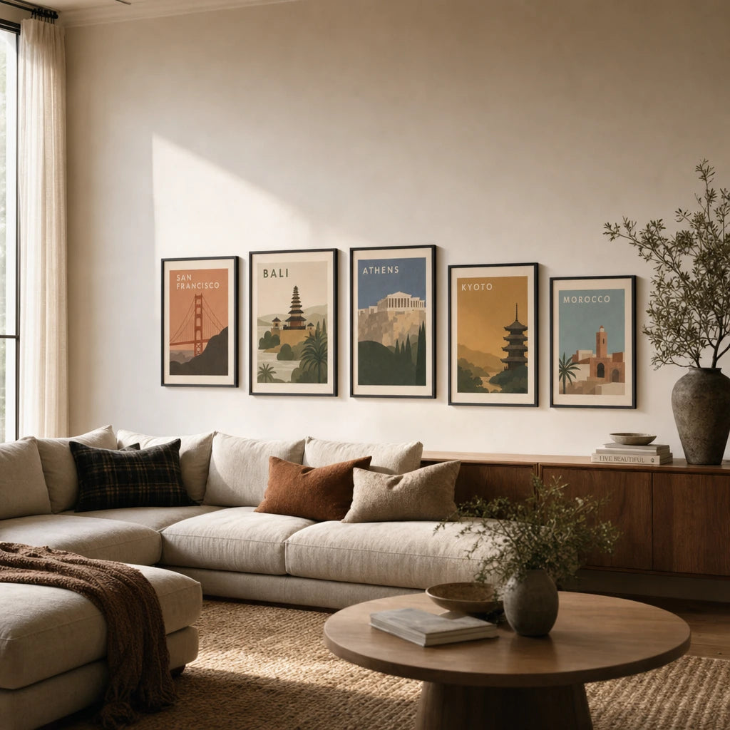Stairwell Travel Ascending Gallery Poster — Five-print travel stairwell ascending vintage WPA gallery, wide room display, Atelier Poster