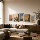Stairwell Travel Ascending Gallery Poster — Five-print travel stairwell ascending vintage WPA gallery, wide room display, Atelier Poster