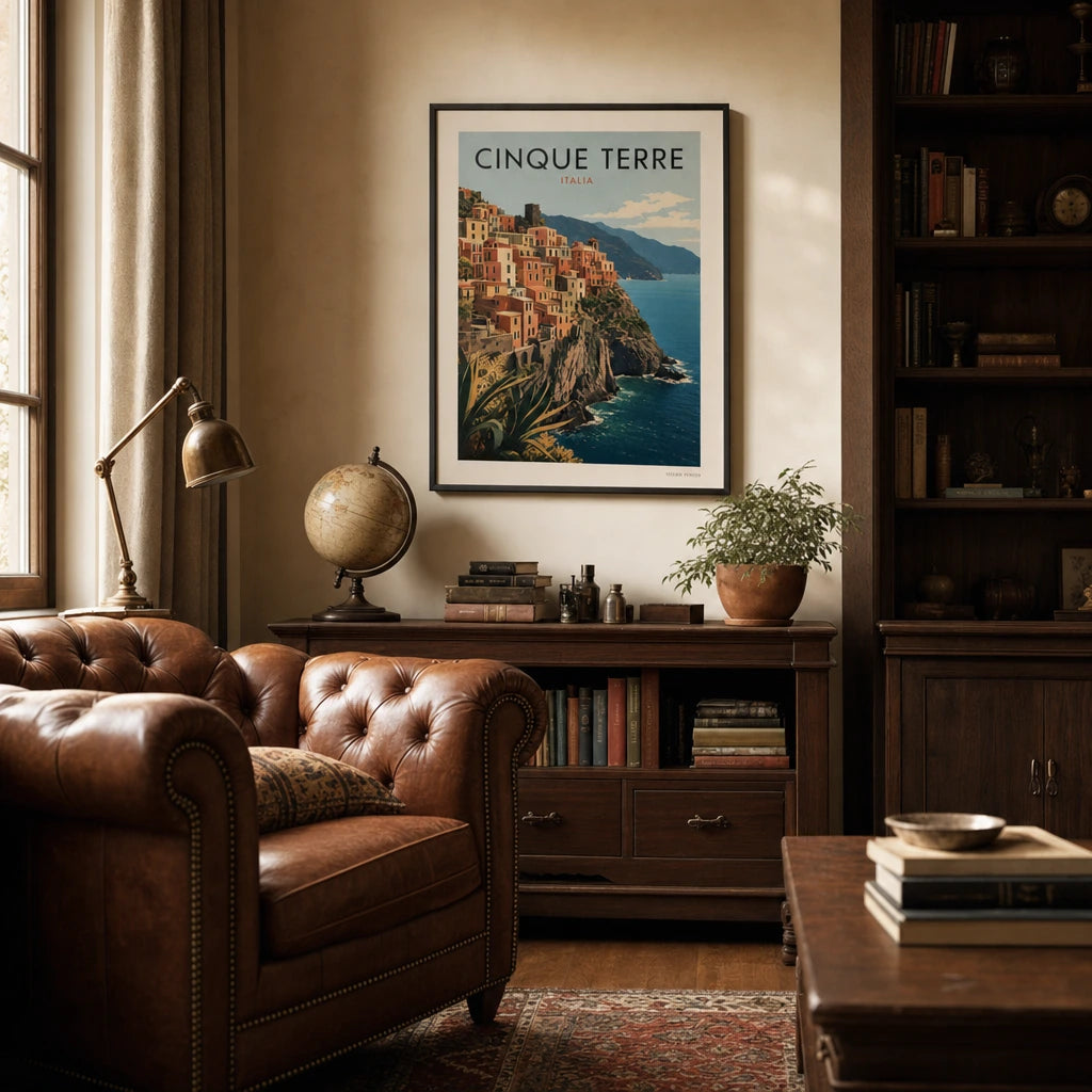 Italian Coastline Cinque Terre Poster — Mid-century Cinque Terre cliffside village in warm tones, wide room display, Atelier Poster