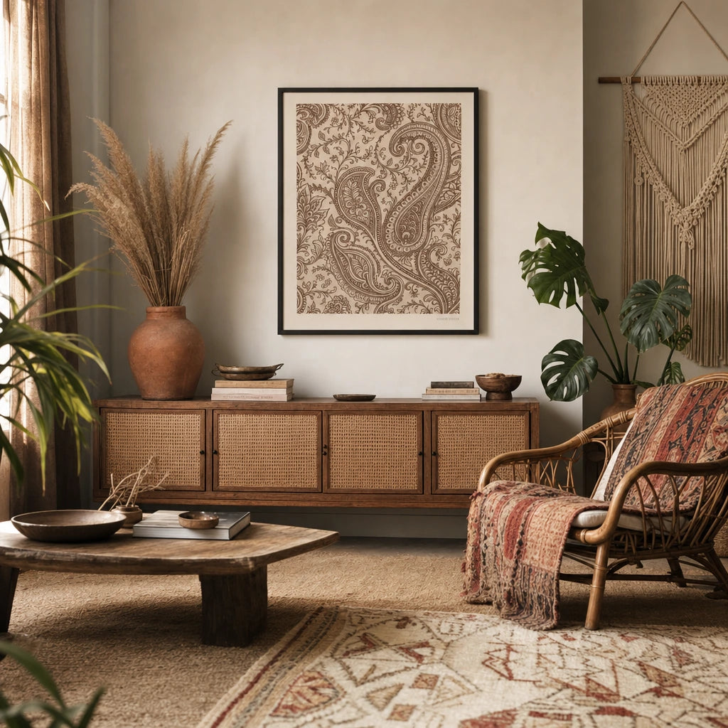 Hand-Drawn Henna Detail Poster — Hand-drawn henna paisley and vine pattern in deep umber, wide room display, Atelier Poster
