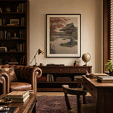 Kyoto Temple Garden Poster — Japanese Kyoto temple with sage maple in soft autumn tones, wide room display, Atelier Poster