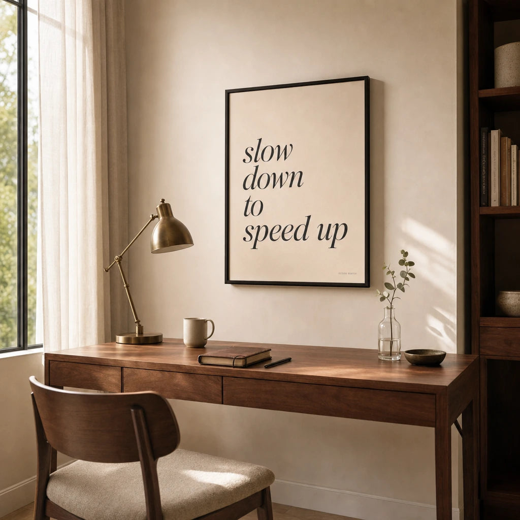 Slow Down To Speed Up Poster — Elegant serif italic 'slow down to speed up' paradox, wide room display, Atelier Poster