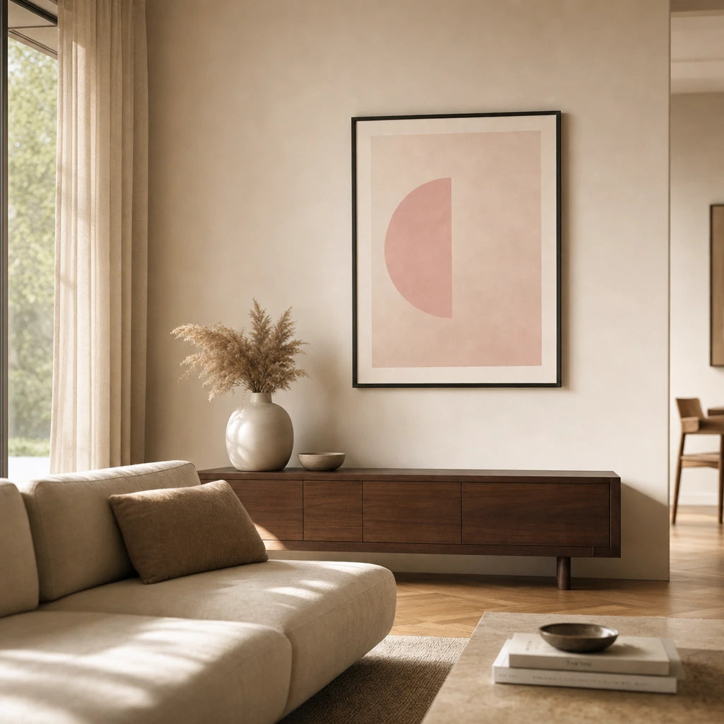 Pale Pink Half-Moon Soft Poster — Pale pink half-moon soft pastel feminine minimalist, wide room display, Atelier Poster