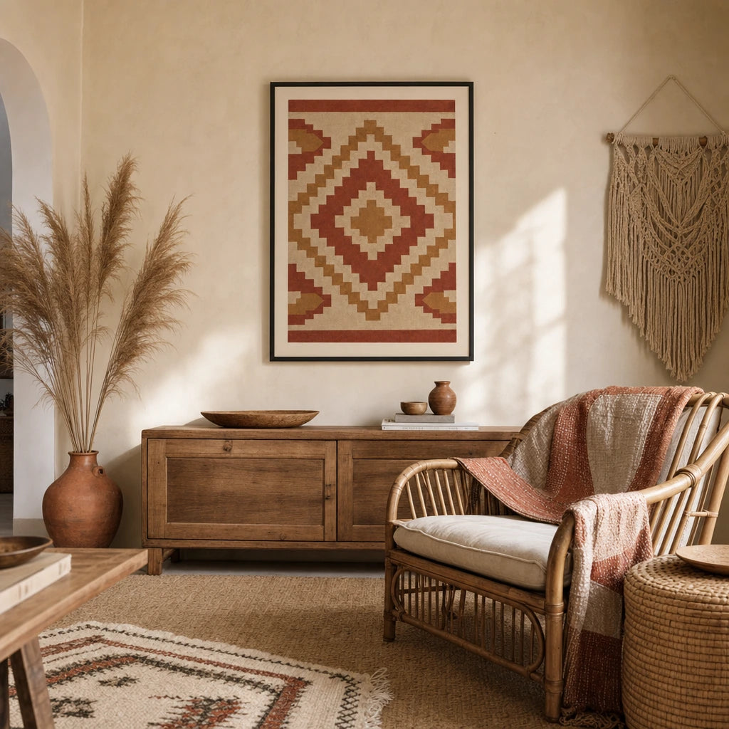 Kilim Pattern Detail Poster — Turkish kilim stepped diamonds in warm red and ochre, wide room display, Atelier Poster