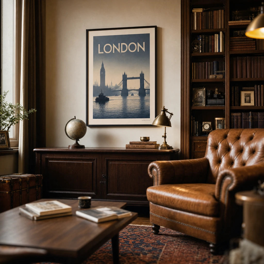 London Foggy Skyline Poster — 1920s London Tower Bridge and Big Ben in soft Thames fog, wide room display, Atelier Poster