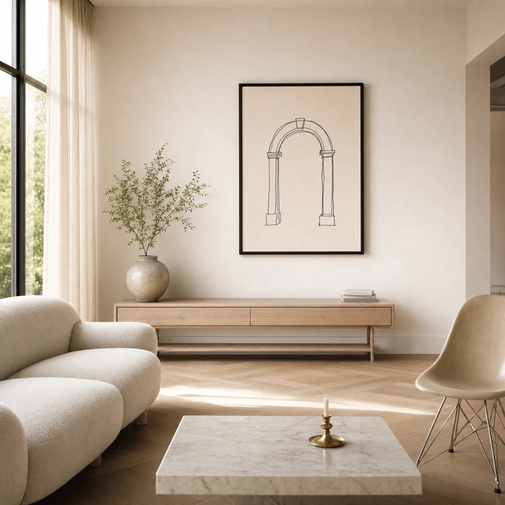 Architectural Arch Line Poster — Single-line Roman archway sketch in black on cream, wide room display, Atelier Poster