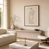 Modern Statue Silhouette Poster — Minimalist continuous-line classical draped statue silhouette in thin black, wide room display, Atelier Poster