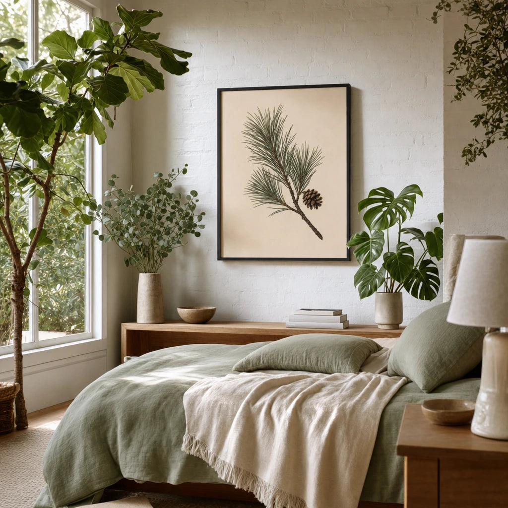Pine Branch Winter Poster — Single pine branch with one small pinecone on cream, wide room display, Atelier Poster