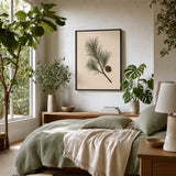 Pine Branch Winter Poster — Single pine branch with one small pinecone on cream, wide room display, Atelier Poster