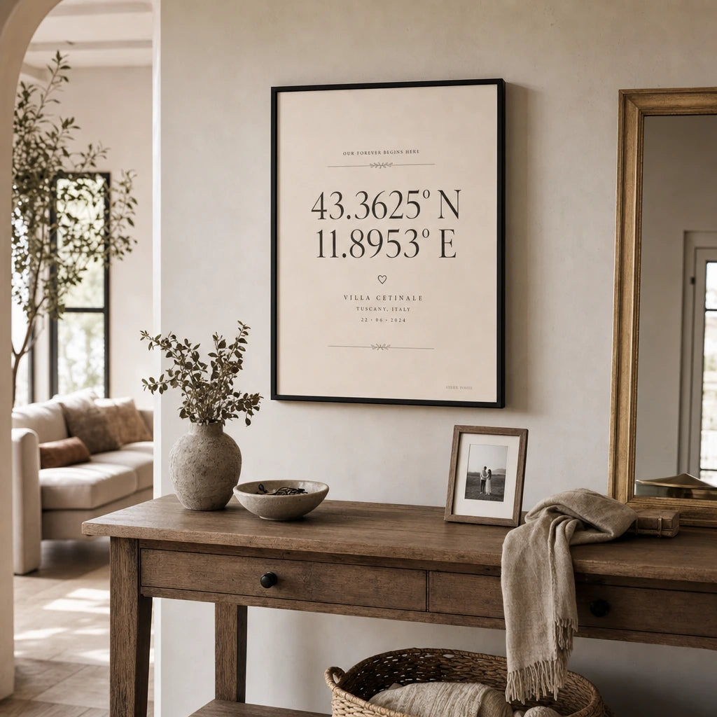 Wedding Coordinates Custom Poster — Personalized wedding venue coordinates elegant serif typography, wide room display, Atelier Poster