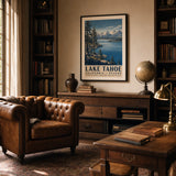 Lake Tahoe Mountain Lake Poster — 1950s Lake Tahoe with Sierra peaks and towering pines, wide room display, Atelier Poster