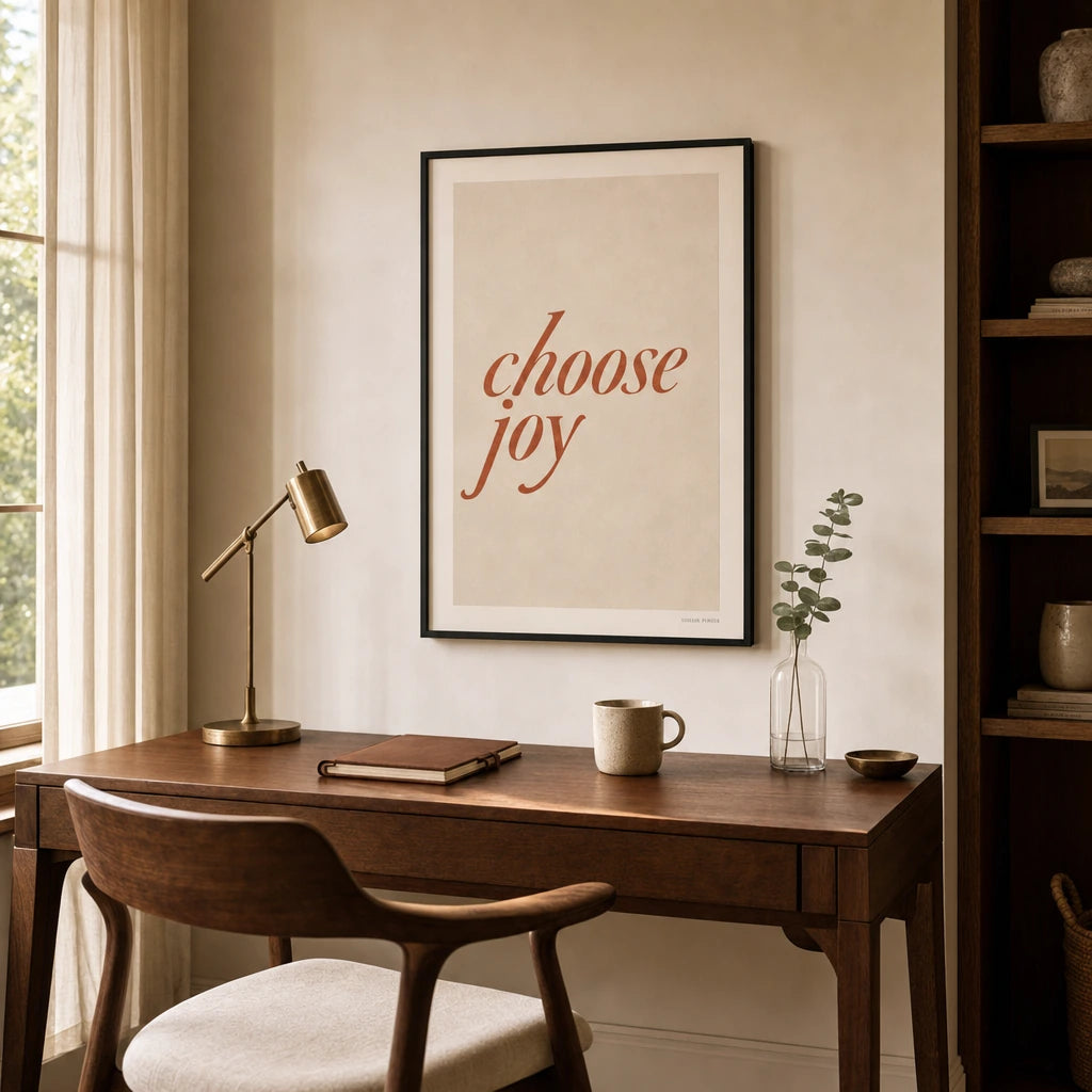 Choose Joy Soft Poster — Handwritten serif italic 'choose joy' terracotta wellness, wide room display, Atelier Poster