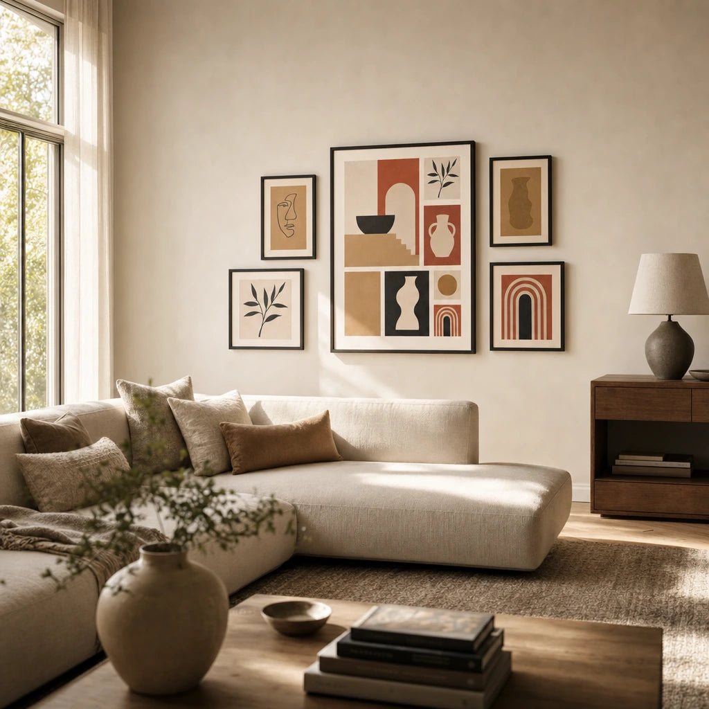 Mixed Media Salon Set Gallery Poster — Seven-print salon-style mixed media gallery warm balanced, wide room display, Atelier Poster