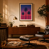 Miami Palms Neon 80s Poster — Three palm silhouettes Miami Vice pink cobalt sunset 1987, wide room display, Atelier Poster