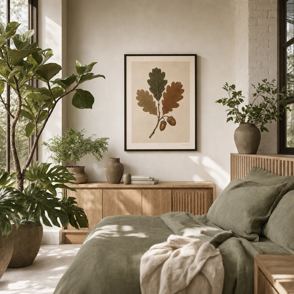 Acorn Oak Branch Poster — Oak branch with three leaves and two acorns in warm umber, wide room display, Atelier Poster