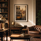 Lisbon Tram Hillside Poster — Vintage Lisbon yellow tram on cobblestone hill at sunset, wide room display, Atelier Poster