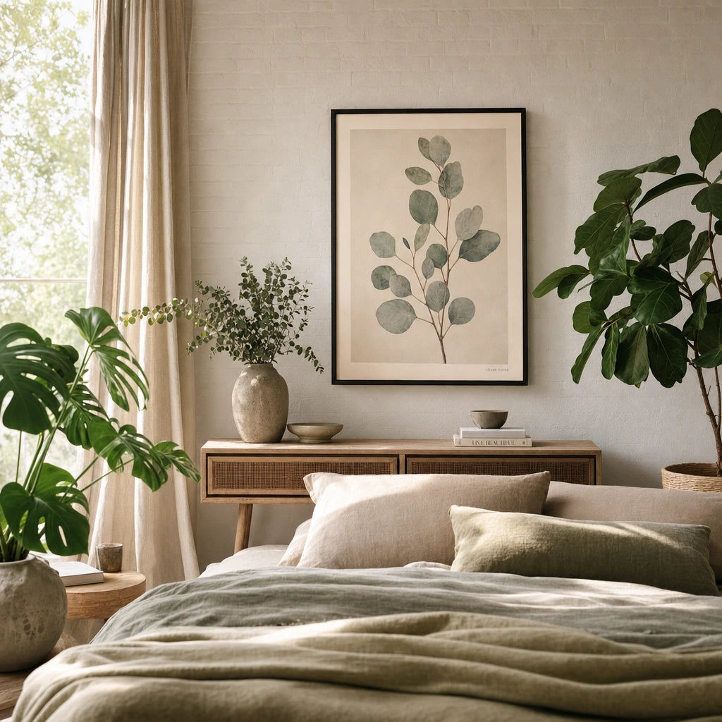 Eucalyptus Branch Study Poster — Vintage herbarium-style eucalyptus branch in soft sage, wide room display, Atelier Poster