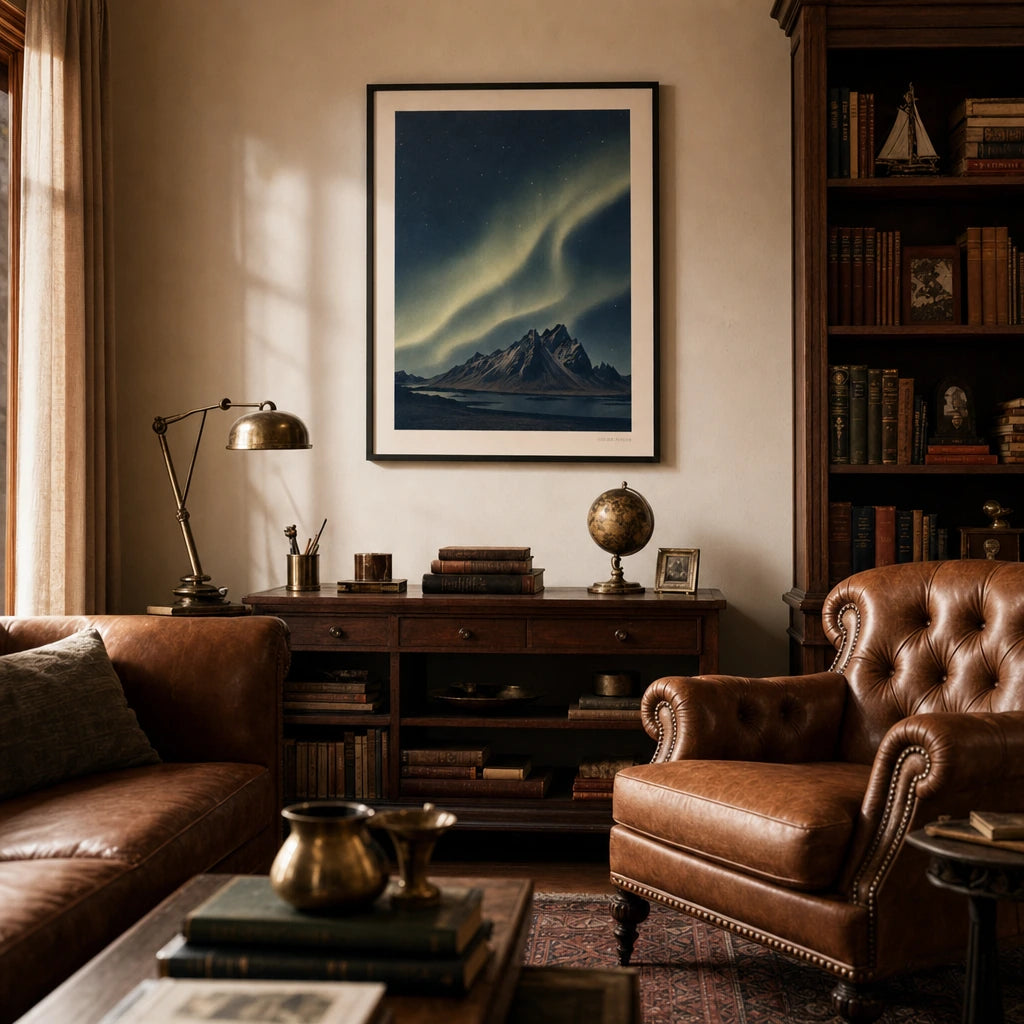 Iceland Northern Lights Poster — Iceland aurora borealis over dark mountain silhouettes, wide room display, Atelier Poster