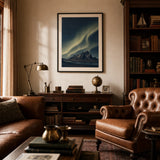 Iceland Northern Lights Poster — Iceland aurora borealis over dark mountain silhouettes, wide room display, Atelier Poster