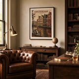 Amsterdam Canals Poster — 1950s Amsterdam canal scene with gabled houses, wide room display, Atelier Poster