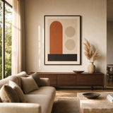 Ochre Arch Composition Poster — Ochre arch with cream circles Bauhaus earth-tone geometric, wide room display, Atelier Poster