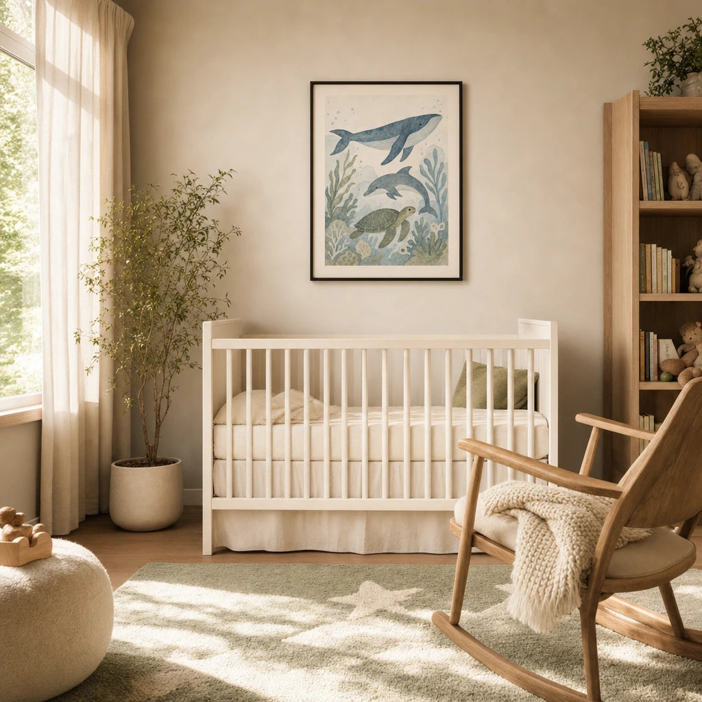 Ocean Creatures Trio Poster — Whale dolphin sea turtle in soft blue and sage tones, wide room display, Atelier Poster