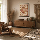 Aztec Geometric Sun Poster — Aztec-inspired geometric sun motif in terracotta and ochre, wide room display, Atelier Poster