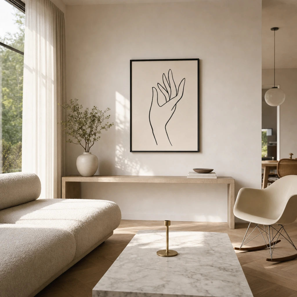 Single Hand Gesture Poster — Minimalist black line hand with extended fingers gesture, wide room display, Atelier Poster