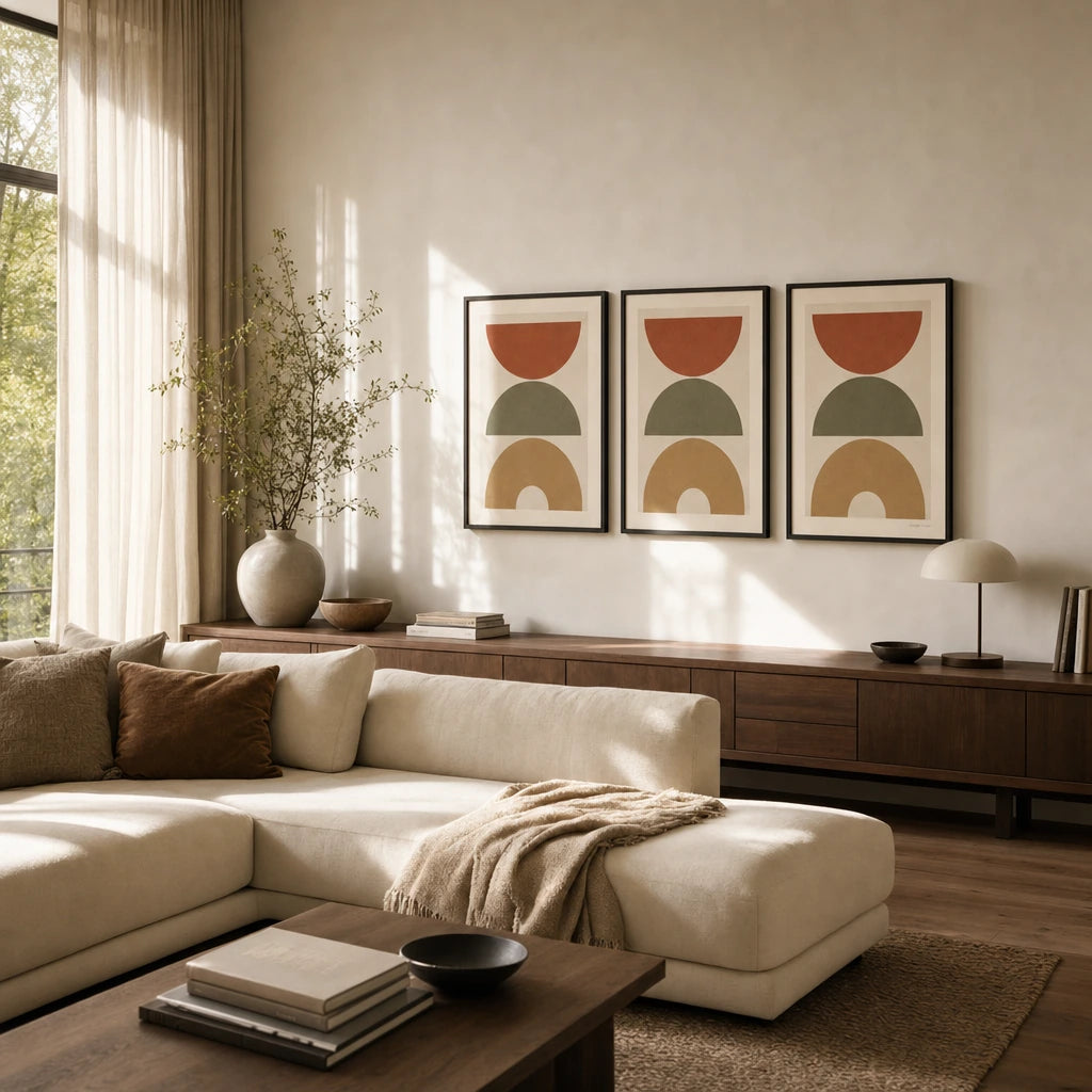Earth Tone Trio Gallery Poster — Three coordinated earth-tone trio gallery set matching, wide room display, Atelier Poster