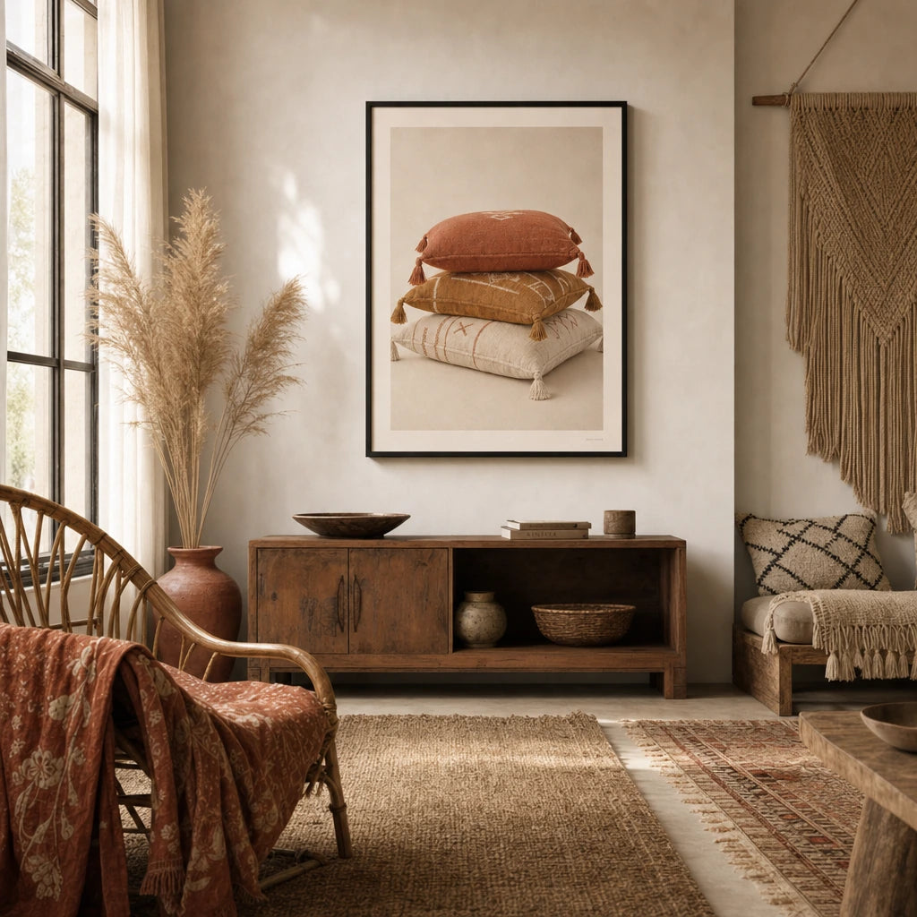 Bohemian Floor Pillow Poster — Three stacked bohemian floor pillows with tassel corners, wide room display, Atelier Poster
