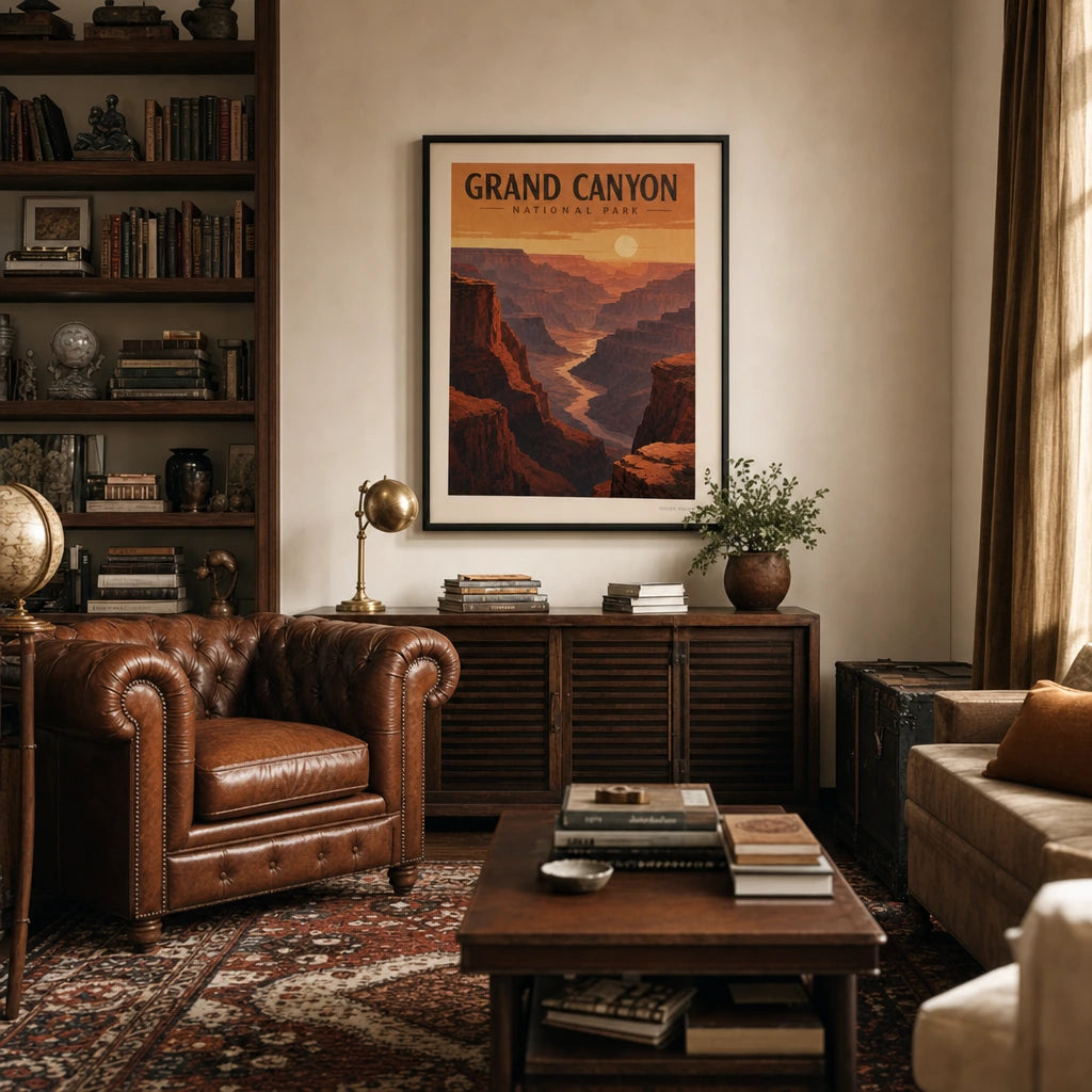 Grand Canyon Sunset Poster — WPA-style Grand Canyon sunset in layered red and orange, wide room display, Atelier Poster