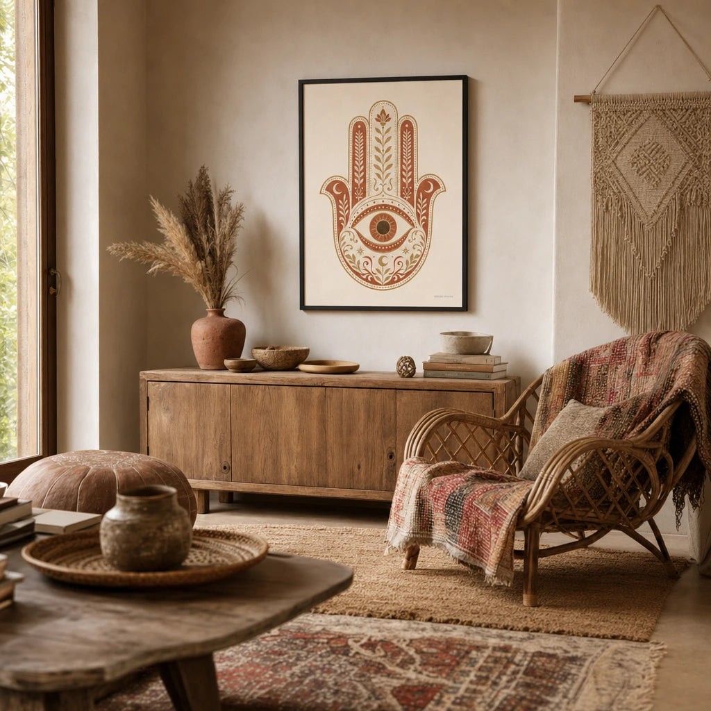 Boho Hamsa Hand Poster — Traditional hamsa hand with palm patterns in warm gold, wide room display, Atelier Poster