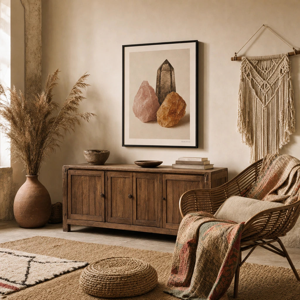 Bohemian Crystal Cluster Poster — Rose quartz smoky quartz citrine cluster in warm tones, wide room display, Atelier Poster