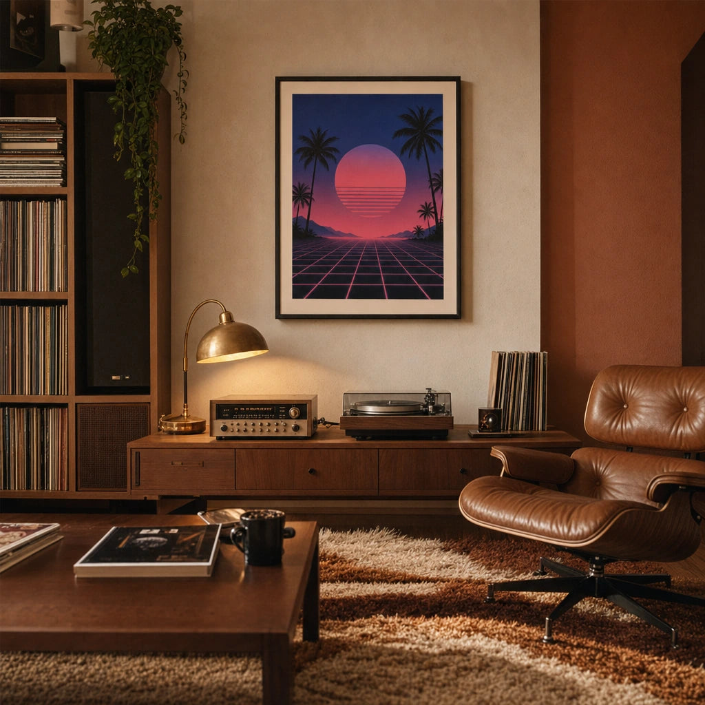 80s Synthwave Sunset Poster — 1980s synthwave neon pink cobalt grid sunset Miami Vice, wide room display, Atelier Poster