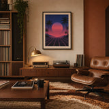 80s Synthwave Sunset Poster — 1980s synthwave neon pink cobalt grid sunset Miami Vice, wide room display, Atelier Poster