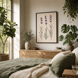 Lavender Stems Poster — Three watercolor lavender stems in soft purple and sage, wide room display, Atelier Poster