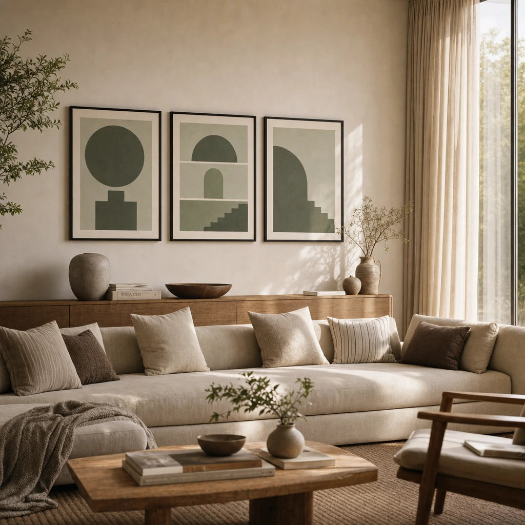All Sage Tonal Three Gallery Poster — Three-print all-sage tonal monochromatic graduated calm set, wide room display, Atelier Poster