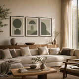 All Sage Tonal Three Gallery Poster — Three-print all-sage tonal monochromatic graduated calm set, wide room display, Atelier Poster
