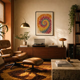 Tie Dye Spiral 60s Poster — Hand-drawn tie-dye spiral 1960s rainbow counter-culture, wide room display, Atelier Poster
