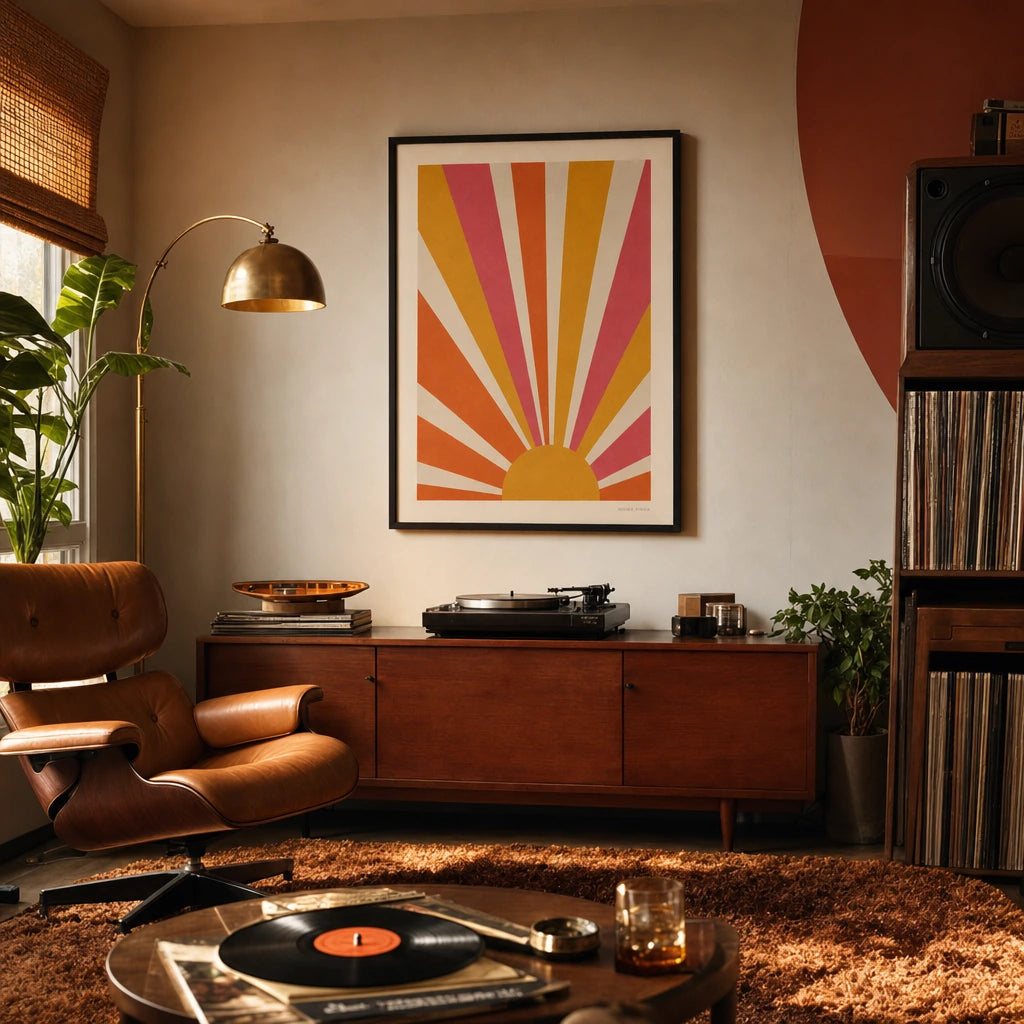 Psychedelic Sunburst 60s Poster — 1960s psychedelic sunburst rays orange magenta mustard, wide room display, Atelier Poster