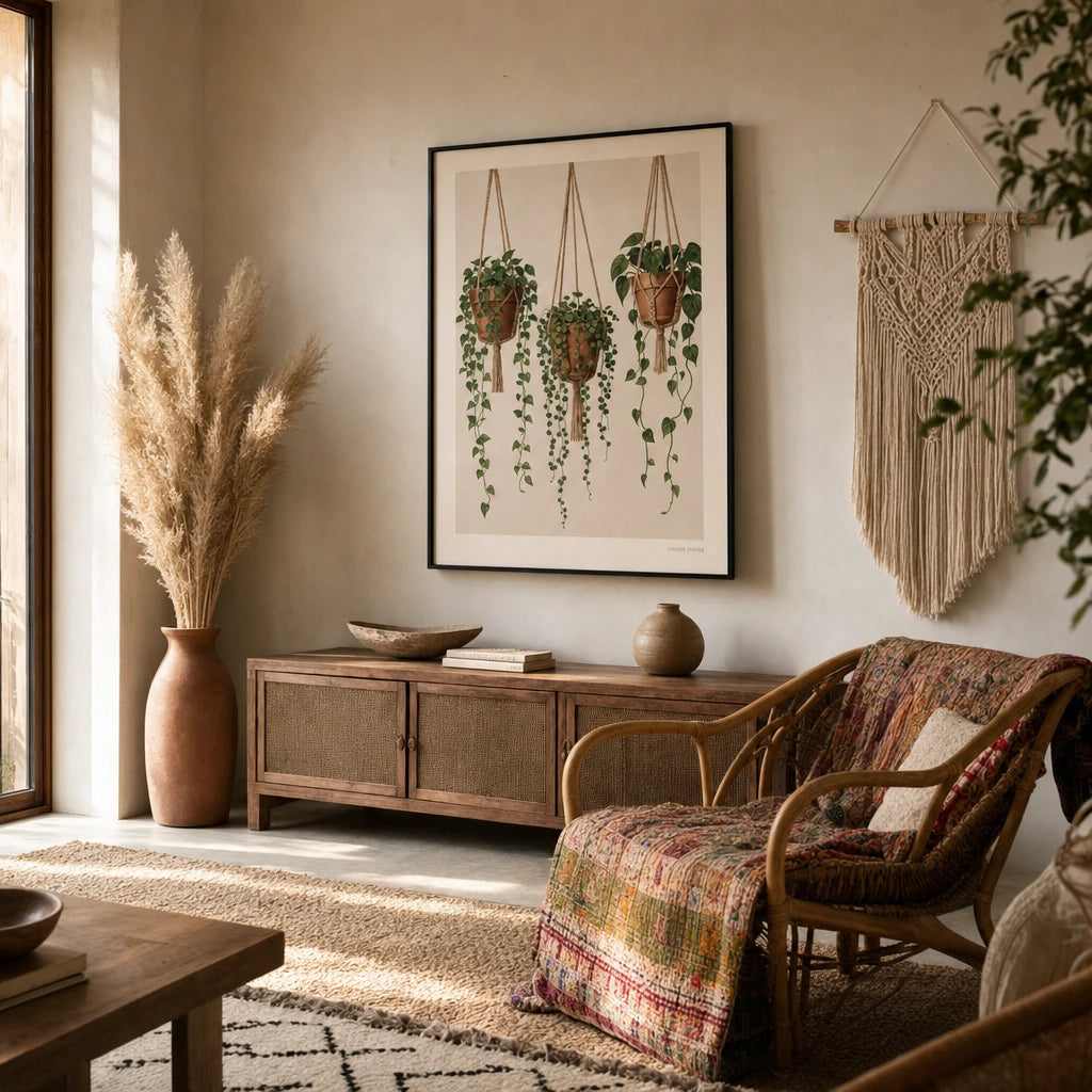 Boho Hanging Plants Trio Poster — Three hanging trailing plants in terracotta pots on macrame, wide room display, Atelier Poster